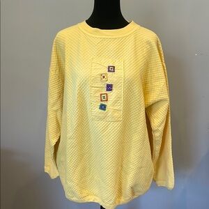 Yellow Textured Sweatshirt with Colorful Embellishments vintage 80’s
